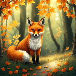 A detailed illustration of a beautiful red fox in a lush green forest during autumn