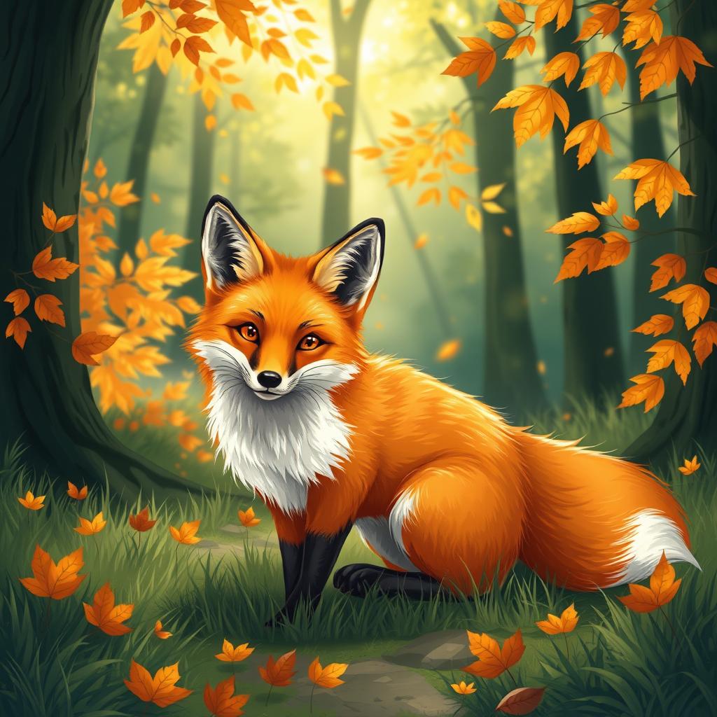 A detailed illustration of a beautiful red fox in a lush green forest during autumn