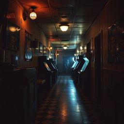 A dimly lit corridor inspired by Five Nights at Freddy's (FNAF), featuring eerie flickering lights, vintage arcade machines, and creepy animatronic characters peeking from shadows