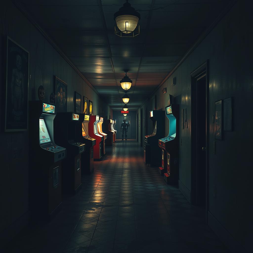 A dimly lit corridor inspired by Five Nights at Freddy's (FNAF), featuring eerie flickering lights, vintage arcade machines, and creepy animatronic characters peeking from shadows