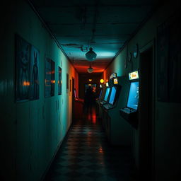A dimly lit corridor inspired by Five Nights at Freddy's (FNAF), featuring eerie flickering lights, vintage arcade machines, and creepy animatronic characters peeking from shadows