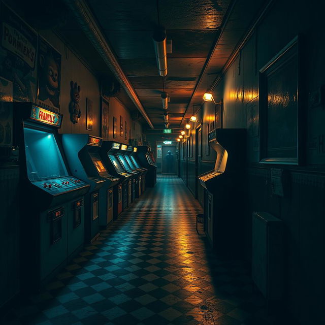 A dimly lit corridor inspired by Five Nights at Freddy's (FNAF), featuring eerie flickering lights, vintage arcade machines, and creepy animatronic characters peeking from shadows