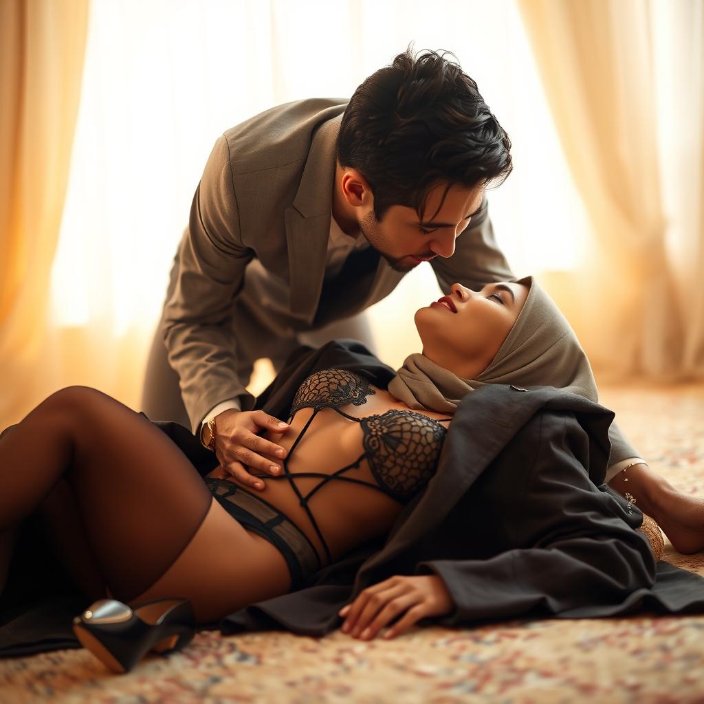 A woman wearing a stylish hijab, a long elegant coat, and sensual lingerie with stockings and high heels, laying on her back with her eyes closed in a serene expression