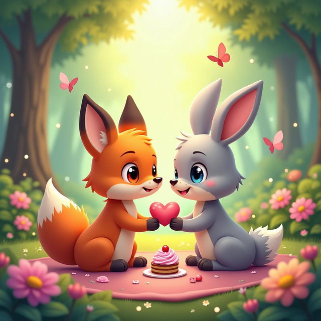 A vibrant and whimsical cartoon scene depicting a romantic moment between two cute, anthropomorphic animals