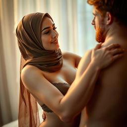 A woman wearing a beautiful hijab and alluring lingerie in an intimate moment with a ginger-haired man gently caressing her, expressing affection and tenderness