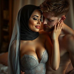 A woman wearing a beautiful hijab and alluring lingerie in an intimate moment with a ginger-haired man gently caressing her, expressing affection and tenderness