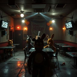 A captivating Five Nights at Freddy's inspired scenario set in a dimly lit, eerie pizzeria filled with animatronic characters