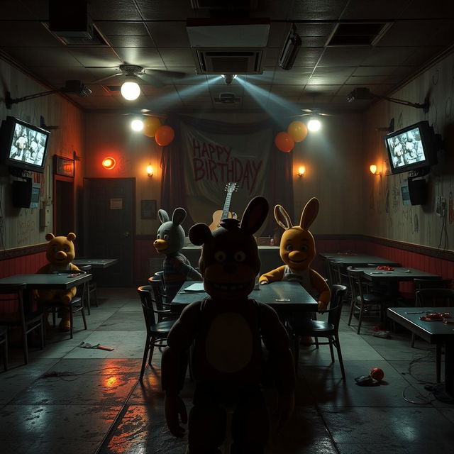 A captivating Five Nights at Freddy's inspired scenario set in a dimly lit, eerie pizzeria filled with animatronic characters