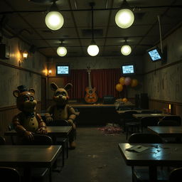 A captivating Five Nights at Freddy's inspired scenario set in a dimly lit, eerie pizzeria filled with animatronic characters