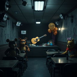 A captivating Five Nights at Freddy's inspired scenario set in a dimly lit, eerie pizzeria filled with animatronic characters