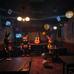 A captivating Five Nights at Freddy's inspired scenario set in a dimly lit, eerie pizzeria filled with animatronic characters