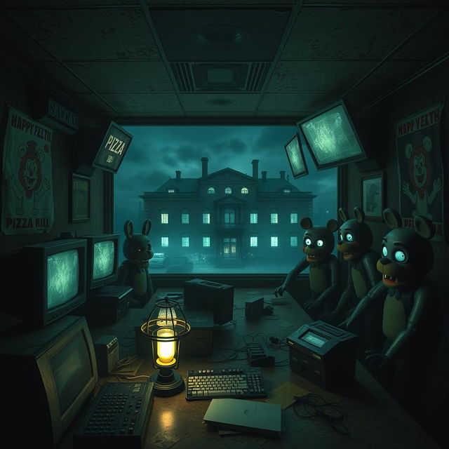 A spooky and immersive scene inspired by Five Nights at Freddy's, depicting a dimly lit control room with flickering screens showing various areas of a creepy, abandoned pizzeria