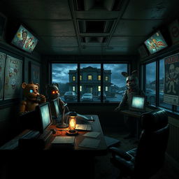 A spooky and immersive scene inspired by Five Nights at Freddy's, depicting a dimly lit control room with flickering screens showing various areas of a creepy, abandoned pizzeria