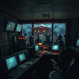 A spooky and immersive scene inspired by Five Nights at Freddy's, depicting a dimly lit control room with flickering screens showing various areas of a creepy, abandoned pizzeria