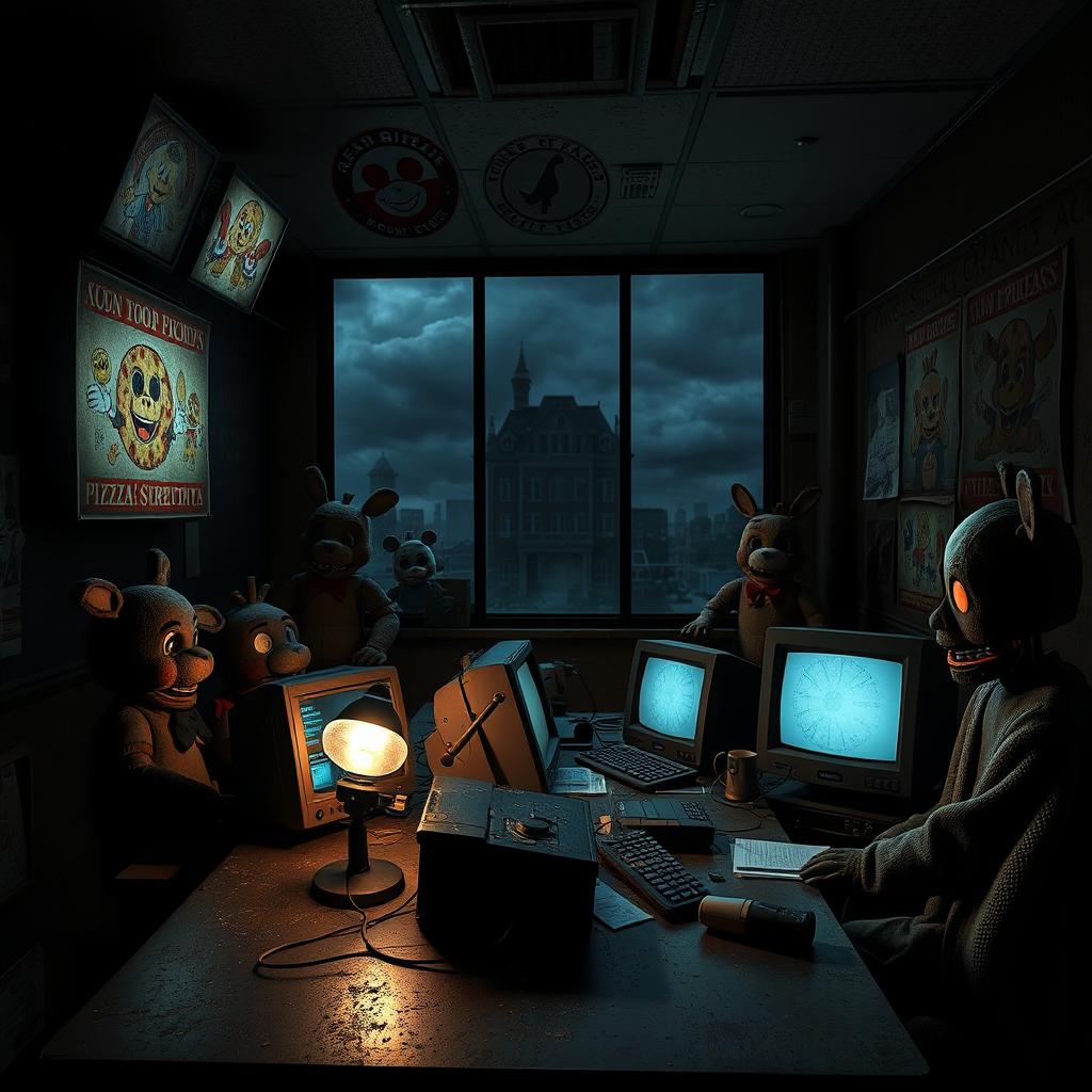 A spooky and immersive scene inspired by Five Nights at Freddy's, depicting a dimly lit control room with flickering screens showing various areas of a creepy, abandoned pizzeria