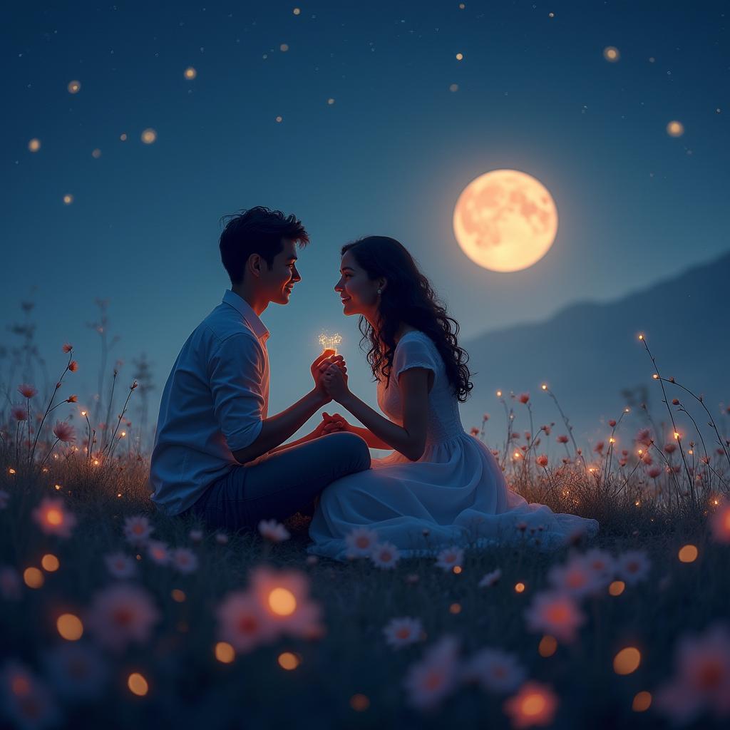 A romantic scene depicting a couple in love, sitting under a starlit sky on a hillside