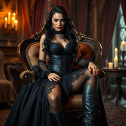 A powerful and enchanting mistress in a luxurious setting, wearing an elegant and alluring outfit, featuring a long flowing black dress with intricate lace details, a striking corset, and thigh-high leather boots