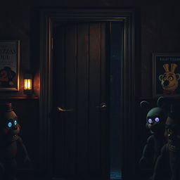 A creepy, dimly lit door designed in the style of Five Nights at Freddy's, featuring rusted metal elements, worn wooden panels, and detailed scratches or claw marks