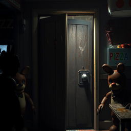 A creepy, dimly lit door designed in the style of Five Nights at Freddy's, featuring rusted metal elements, worn wooden panels, and detailed scratches or claw marks