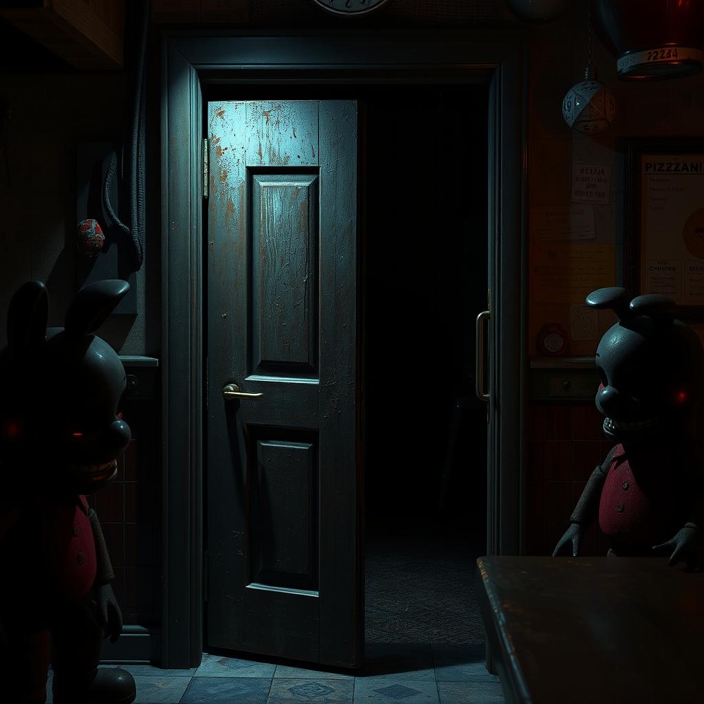 A creepy, dimly lit door designed in the style of Five Nights at Freddy's, featuring rusted metal elements, worn wooden panels, and detailed scratches or claw marks