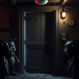 A creepy, dimly lit door designed in the style of Five Nights at Freddy's, featuring rusted metal elements, worn wooden panels, and detailed scratches or claw marks