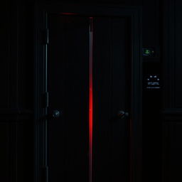 A closed door inspired by the Five Nights at Freddy's (FNAF) style, featuring an eerie atmosphere, worn and aged wooden textures, with ominous lighting casting shadows
