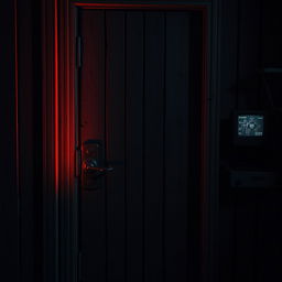 A closed door inspired by the Five Nights at Freddy's (FNAF) style, featuring an eerie atmosphere, worn and aged wooden textures, with ominous lighting casting shadows