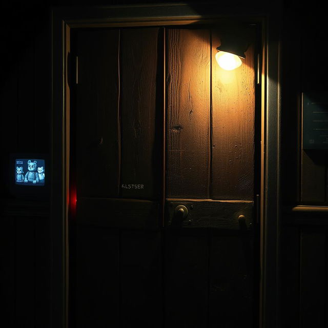 A closed door inspired by the Five Nights at Freddy's (FNAF) style, featuring an eerie atmosphere, worn and aged wooden textures, with ominous lighting casting shadows