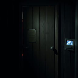 A closed door inspired by the Five Nights at Freddy's (FNAF) style, featuring an eerie atmosphere, worn and aged wooden textures, with ominous lighting casting shadows