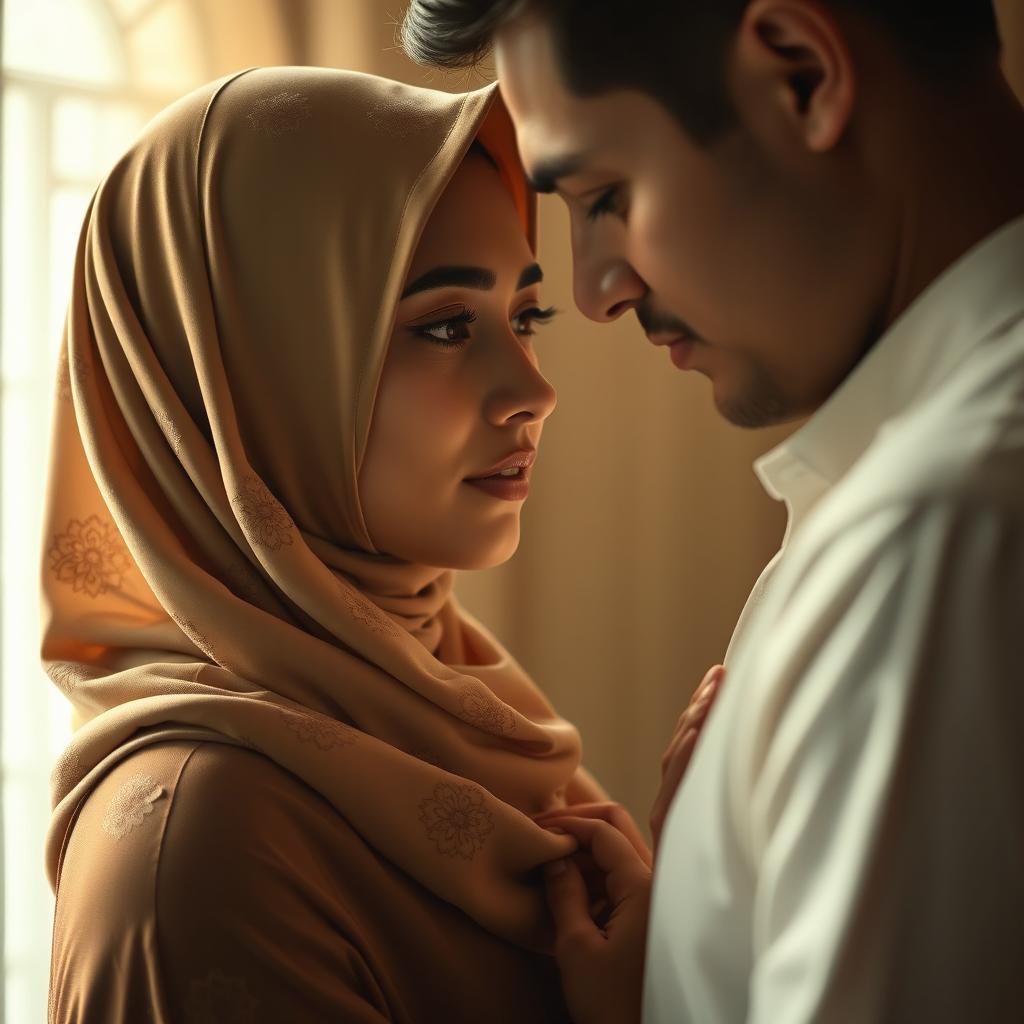 A sensual scene featuring a woman wearing an elegant hijab, set in a beautifully lit, intimate environment
