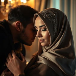 A sensual scene featuring a woman wearing an elegant hijab, set in a beautifully lit, intimate environment