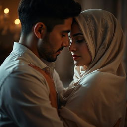 A sensual scene featuring a woman wearing an elegant hijab, set in a beautifully lit, intimate environment