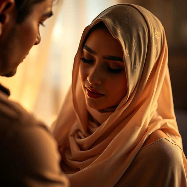 A sensual scene featuring a woman wearing an elegant hijab, set in a beautifully lit, intimate environment