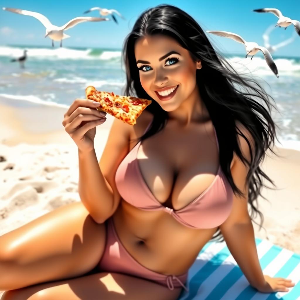 A beautiful woman with long black hair and striking blue eyes, enjoying a sunny day at the beach