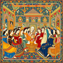 A beautifully detailed Persian miniature painting depicting an intricate scene of a royal court, filled with elegantly dressed characters engaged in lively conversation