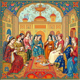 A beautifully detailed Persian miniature painting depicting an intricate scene of a royal court, filled with elegantly dressed characters engaged in lively conversation