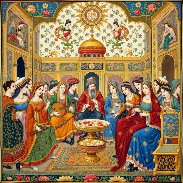 A beautifully detailed Persian miniature painting depicting an intricate scene of a royal court, filled with elegantly dressed characters engaged in lively conversation