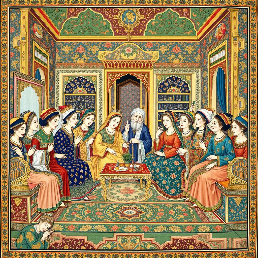 A beautifully detailed Persian miniature painting depicting an intricate scene of a royal court, filled with elegantly dressed characters engaged in lively conversation