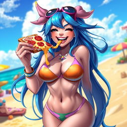 A highly detailed and vibrant illustration of Jinx, the popular champion from League of Legends, dressed in a stylish bikini that accentuates her figure with huge breasts, showcasing her playful personality