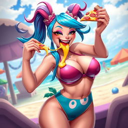 A highly detailed and vibrant illustration of Jinx, the popular champion from League of Legends, dressed in a stylish bikini that accentuates her figure with huge breasts, showcasing her playful personality