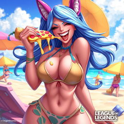 A highly detailed and vibrant illustration of Jinx, the popular champion from League of Legends, dressed in a stylish bikini that accentuates her figure with huge breasts, showcasing her playful personality