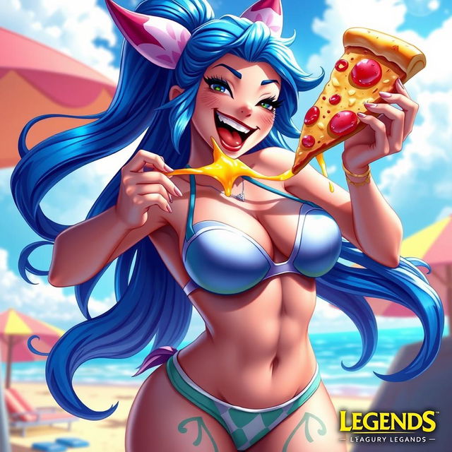 A highly detailed and vibrant illustration of Jinx, the popular champion from League of Legends, dressed in a stylish bikini that accentuates her figure with huge breasts, showcasing her playful personality