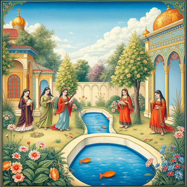 An exquisite Persian miniature painting, vibrant colors and intricate details, depicting a lush garden scene with elegant figures in traditional clothing, enjoying a serene afternoon