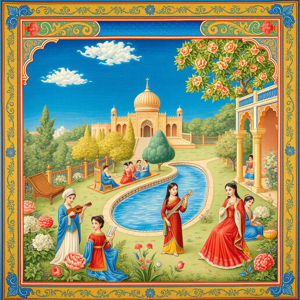 An exquisite Persian miniature painting, vibrant colors and intricate details, depicting a lush garden scene with elegant figures in traditional clothing, enjoying a serene afternoon