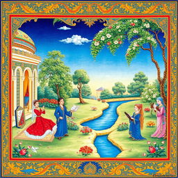 An exquisite Persian miniature painting, vibrant colors and intricate details, depicting a lush garden scene with elegant figures in traditional clothing, enjoying a serene afternoon