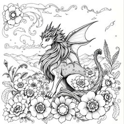 A stunning black pen miniaturist drawing showcasing intricate details and patterns, featuring a mythical creature surrounded by ornate floral designs