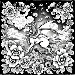 A stunning black pen miniaturist drawing showcasing intricate details and patterns, featuring a mythical creature surrounded by ornate floral designs