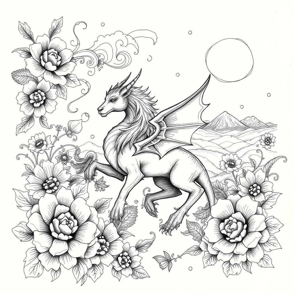A stunning black pen miniaturist drawing showcasing intricate details and patterns, featuring a mythical creature surrounded by ornate floral designs