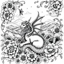 A stunning black pen miniaturist drawing showcasing intricate details and patterns, featuring a mythical creature surrounded by ornate floral designs