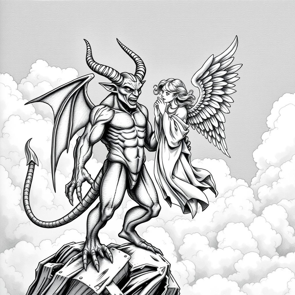 A stunning black and white miniature illustration of a demon and an angel in a dynamic interaction